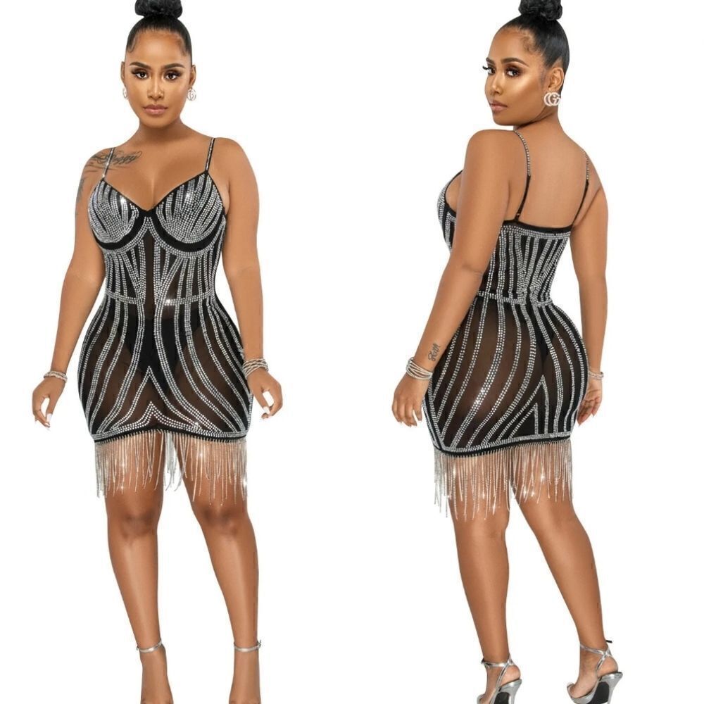 Sexy New Mesh Paillette Spaghetti Strap Bodycon Tassel Nightclub Dress Med